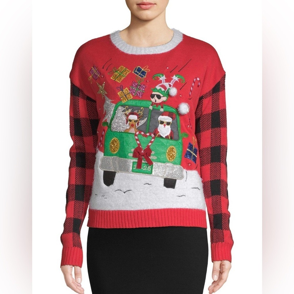 Holiday Time Women's Santa in Van Ugly Christmas Sweater Red Rover Size Large